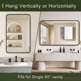 50"*32"Aluminum Alloy Rounded Corners Rectangular Lacquered Black Hanging Mirror Decorative Bathroom Mirror with Elegant Scalloped Design(Deep Mirror)