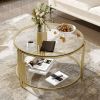 Modern Glass Coffee Table in 31.5", Asymmetrical Metal, Circular Metal Drum Base, Gold Finish & Lower Shelf