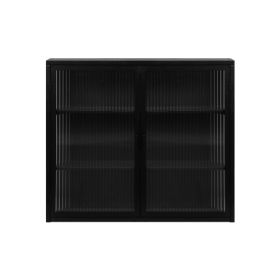 Modern Two-door Wall Cabinet With Glass Door With Three Levels Of Storage For Entrance Living Room, Bathroom, Dining Room, Black Unavailable Plat (Color: Black)