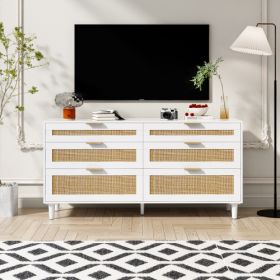 Rattan Dresser With Drawers, 6 Drawer Dresser For Bedroom, Clothes Storage Cabinet For Bedroom, Metal Handle&Wood Legs For Hallway, Living Room, (Color: White)