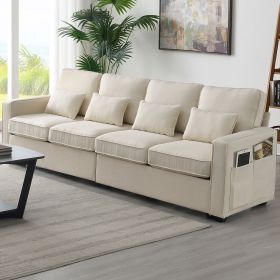 [VIDEO provided] [New] 104" 4-Seater Modern Linen Fabric Sofa with Armrest Pockets and 4 Pillows,Minimalist Style Couch for Living Room, Apartmen (Color: as Pic)